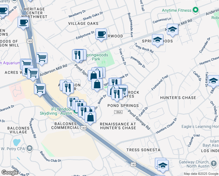 map of restaurants, bars, coffee shops, grocery stores, and more near 8912 Schick Road in Austin