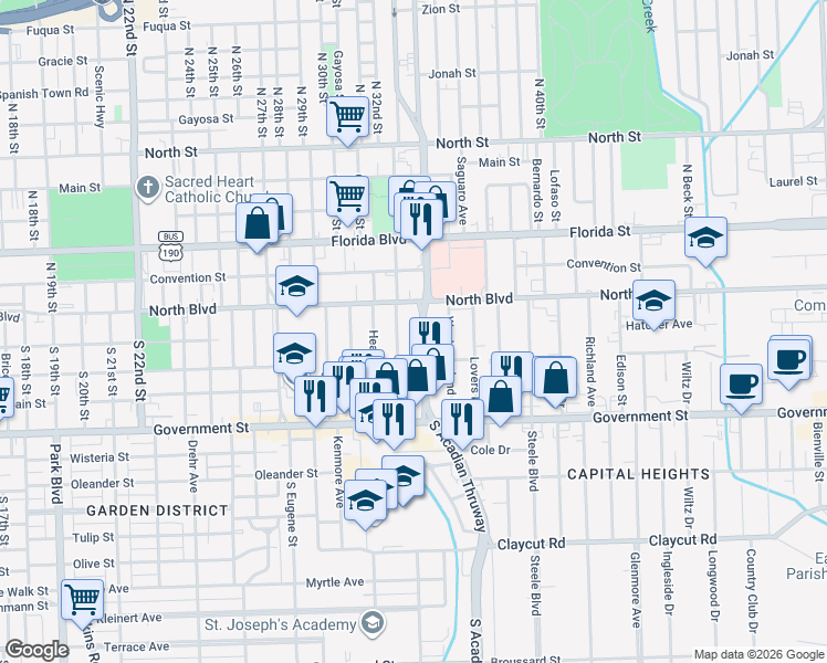 map of restaurants, bars, coffee shops, grocery stores, and more near 214 South Acadian Thruway in Baton Rouge