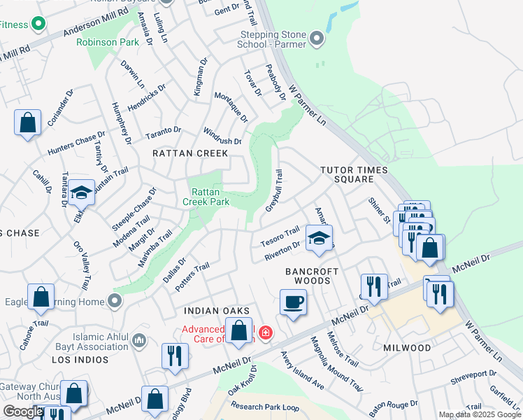 map of restaurants, bars, coffee shops, grocery stores, and more near 13110 Greybull Trail in Austin