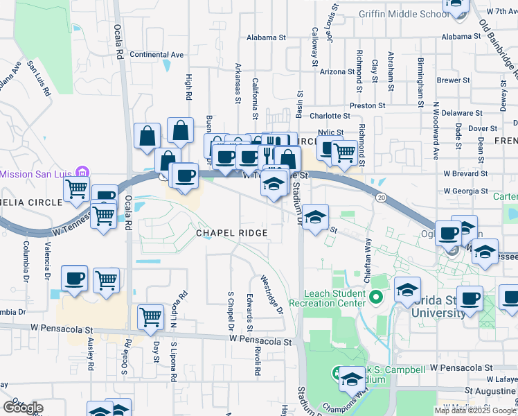 map of restaurants, bars, coffee shops, grocery stores, and more near 1707 West Call Street in Tallahassee