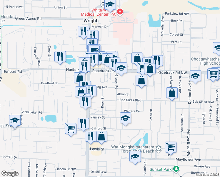 map of restaurants, bars, coffee shops, grocery stores, and more near 136 Fetting Avenue Northwest in Fort Walton Beach
