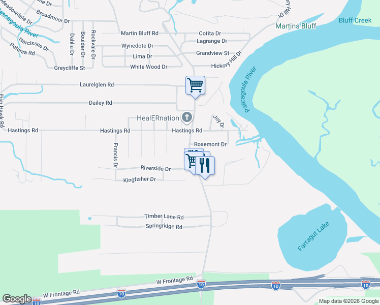 map of restaurants, bars, coffee shops, grocery stores, and more near 1317 Rosemont Drive in Gautier