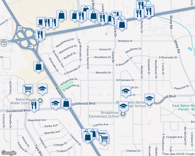 map of restaurants, bars, coffee shops, grocery stores, and more near 9377 North Parkview Drive in Baton Rouge