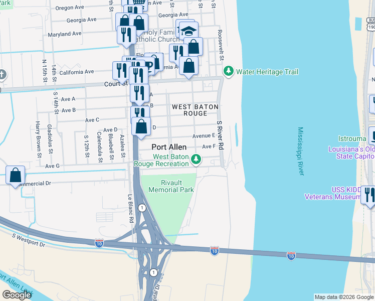 map of restaurants, bars, coffee shops, grocery stores, and more near 536 Avenue G in Port Allen