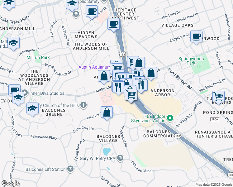map of restaurants, bars, coffee shops, grocery stores, and more near 13450 U.S. 183 in Austin