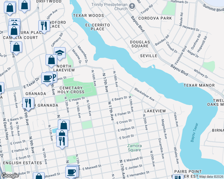 map of restaurants, bars, coffee shops, grocery stores, and more near 1704 East Hayes Street in Pensacola