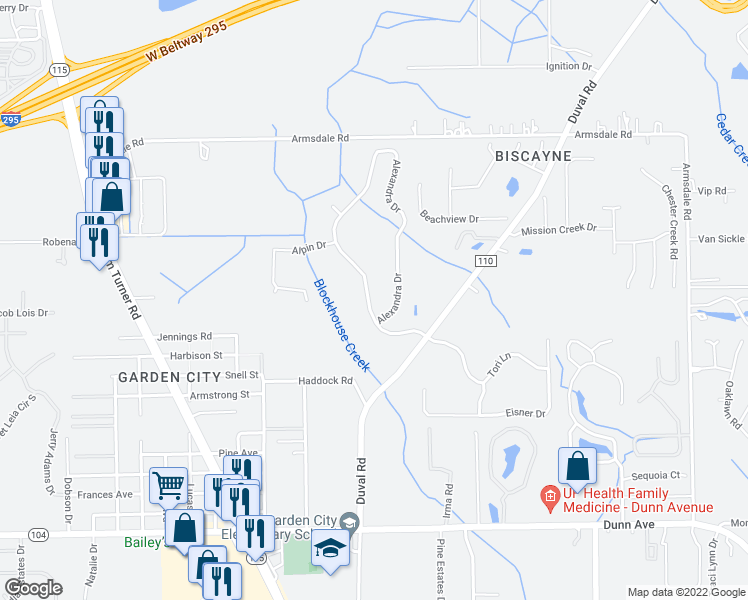 map of restaurants, bars, coffee shops, grocery stores, and more near 11751 Alexandra Drive in Jacksonville