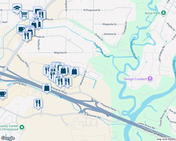 map of restaurants, bars, coffee shops, grocery stores, and more near 8382 Westshore Drive in Covington
