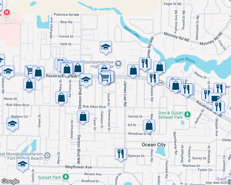 map of restaurants, bars, coffee shops, grocery stores, and more near 498 South Central Drive in Fort Walton Beach
