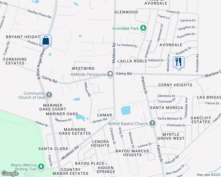 map of restaurants, bars, coffee shops, grocery stores, and more near 3601 Muldoon Road in Pensacola