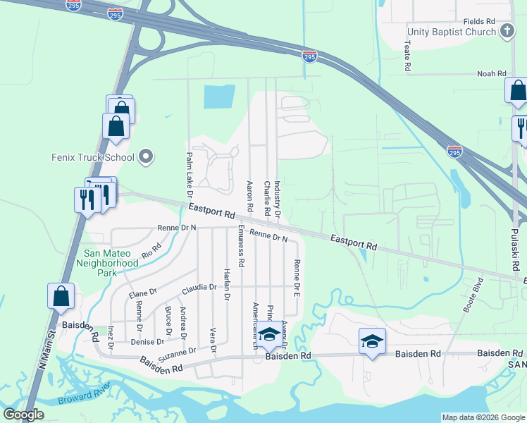 map of restaurants, bars, coffee shops, grocery stores, and more near 563 Eastport Road in Jacksonville