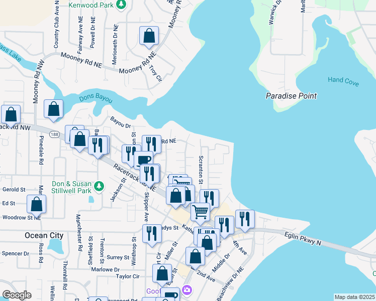 map of restaurants, bars, coffee shops, grocery stores, and more near 156 Rickey Avenue in Fort Walton Beach