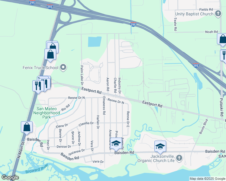 map of restaurants, bars, coffee shops, grocery stores, and more near 563 Eastport Road in Jacksonville