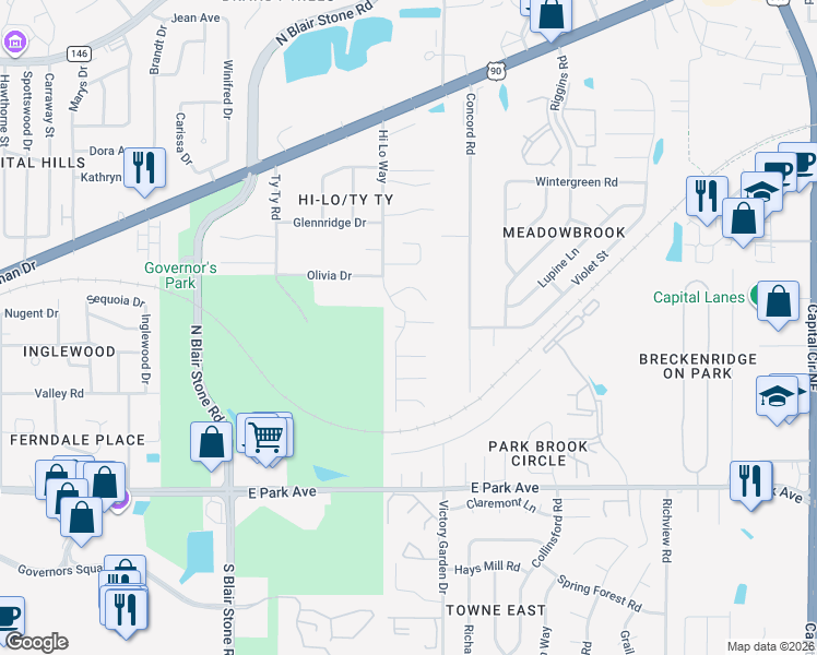 map of restaurants, bars, coffee shops, grocery stores, and more near 516 Forest Green Drive in Tallahassee