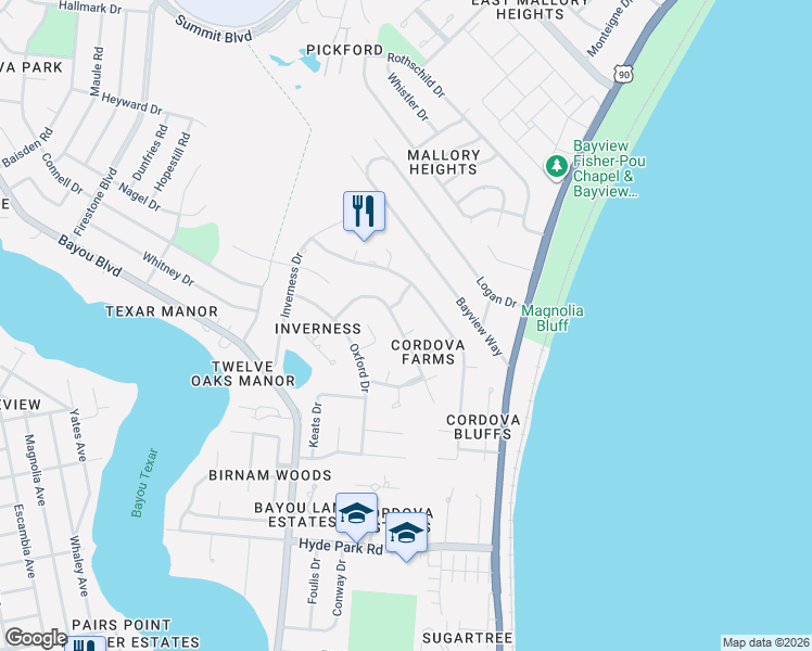 map of restaurants, bars, coffee shops, grocery stores, and more near 2620 Belle Christiane Place in Pensacola