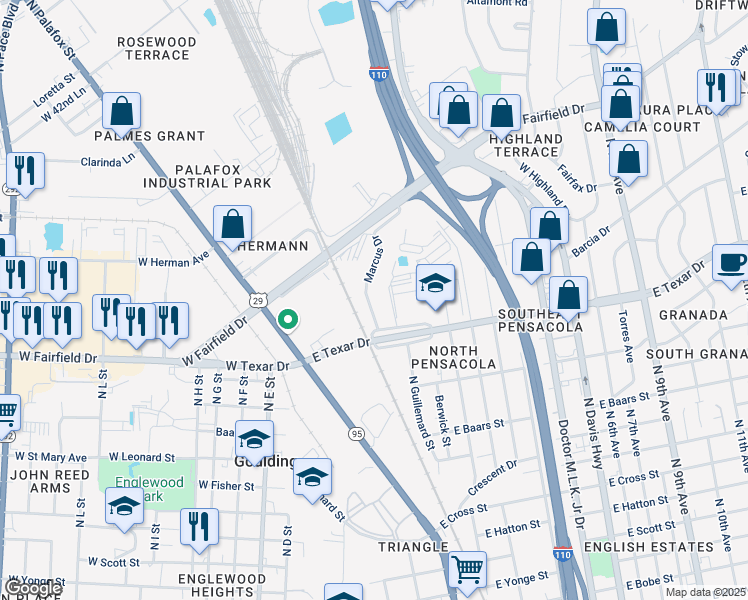 map of restaurants, bars, coffee shops, grocery stores, and more near 3310 Marcus Drive in Pensacola
