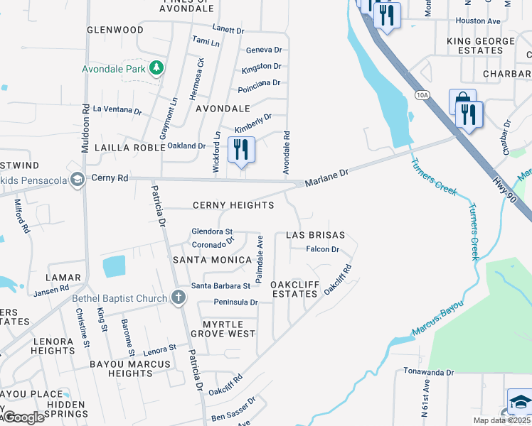 map of restaurants, bars, coffee shops, grocery stores, and more near 4415 Marlane Drive in Pensacola