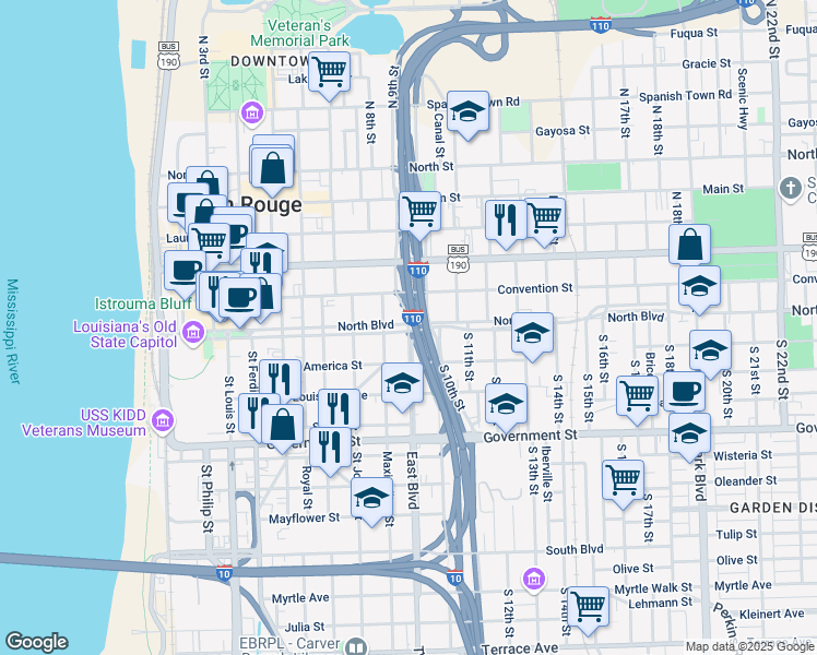 map of restaurants, bars, coffee shops, grocery stores, and more near 930 North Boulevard in Baton Rouge