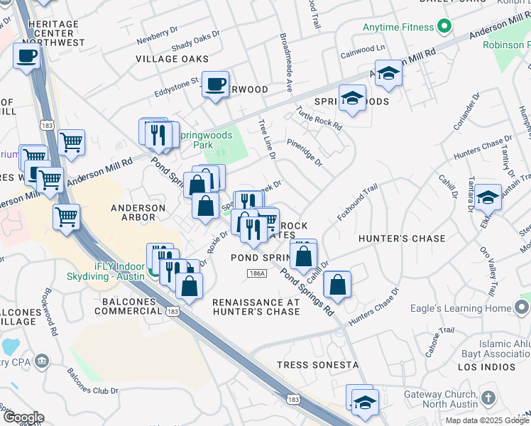 map of restaurants, bars, coffee shops, grocery stores, and more near 8710 Schick Road in Austin