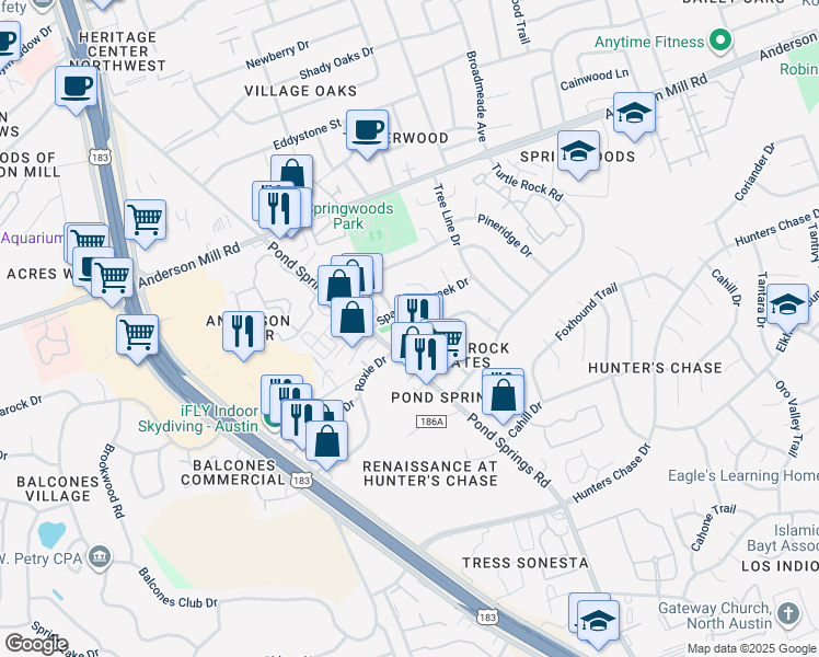 map of restaurants, bars, coffee shops, grocery stores, and more near 8907 Schick Road in Austin