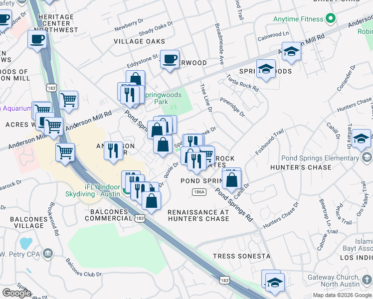 map of restaurants, bars, coffee shops, grocery stores, and more near 8907 Schick Road in Austin