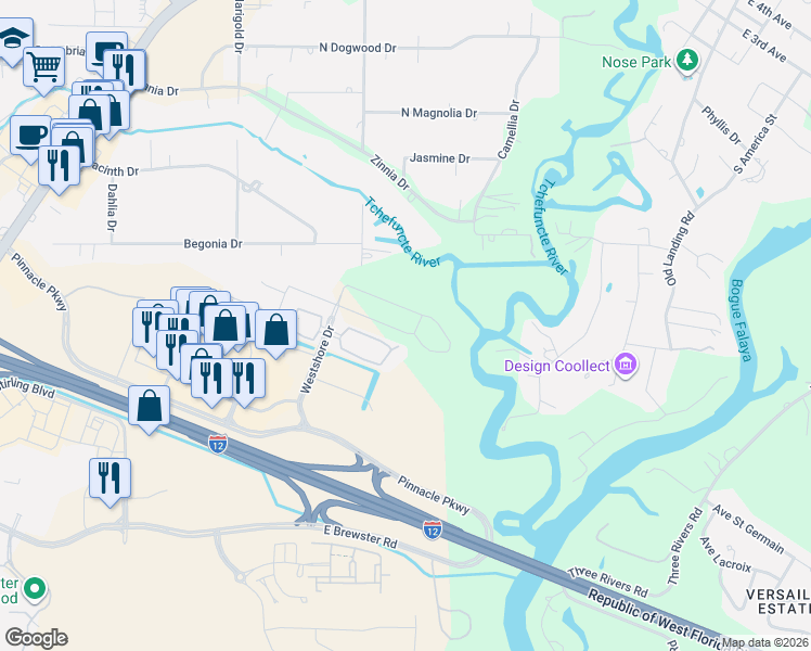 map of restaurants, bars, coffee shops, grocery stores, and more near 4257 Cypress Point Drive in Covington