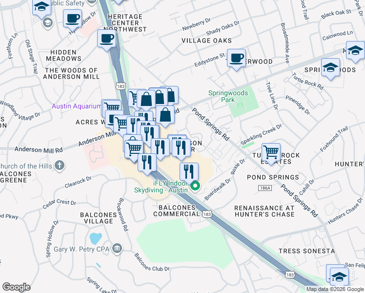 map of restaurants, bars, coffee shops, grocery stores, and more near 13343 U.S. 183 in Austin