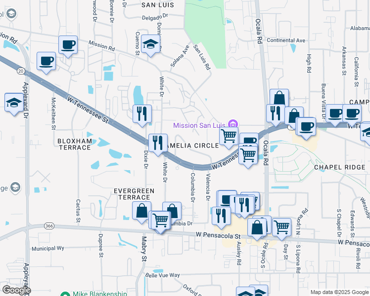 map of restaurants, bars, coffee shops, grocery stores, and more near 2309 Amelia Circle in Tallahassee