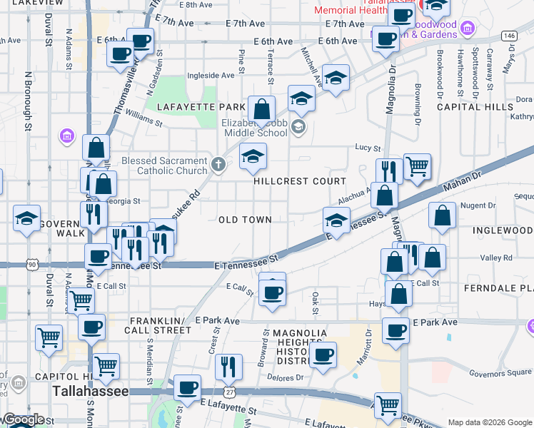 map of restaurants, bars, coffee shops, grocery stores, and more near 510 Terrace Street in Tallahassee