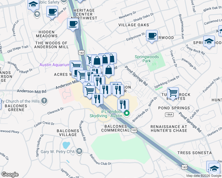 map of restaurants, bars, coffee shops, grocery stores, and more near 13343 U.S. 183 in Austin