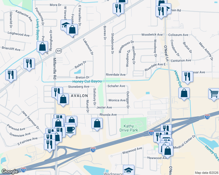 map of restaurants, bars, coffee shops, grocery stores, and more near 1453 Boreas Drive in Baton Rouge
