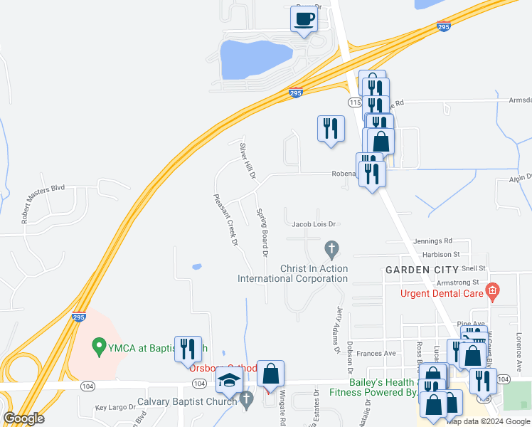 map of restaurants, bars, coffee shops, grocery stores, and more near 11659 Spring Board Drive in Jacksonville