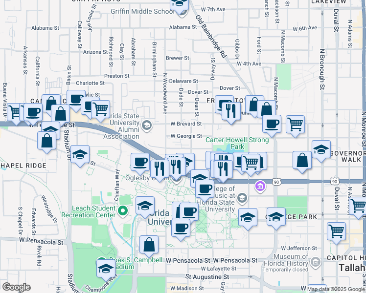 map of restaurants, bars, coffee shops, grocery stores, and more near 808 West Carolina Street in Tallahassee