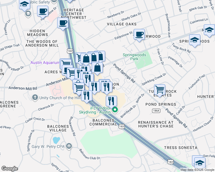 map of restaurants, bars, coffee shops, grocery stores, and more near 13355 North Highway 183 in Austin
