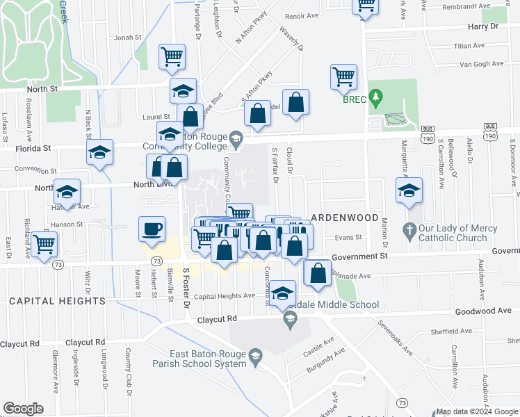 map of restaurants, bars, coffee shops, grocery stores, and more near 5445 Government Street in Baton Rouge