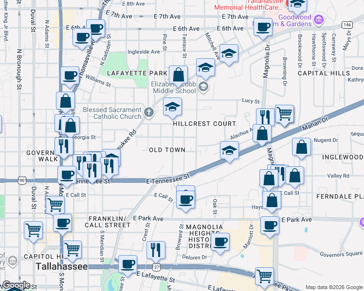 map of restaurants, bars, coffee shops, grocery stores, and more near 510 Terrace Street in Tallahassee
