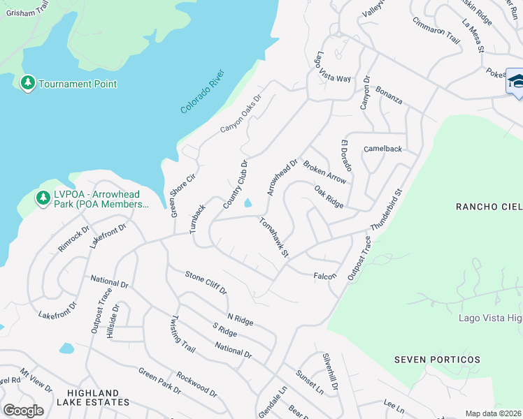 map of restaurants, bars, coffee shops, grocery stores, and more near 4910 Arrowhead Drive in Lago Vista