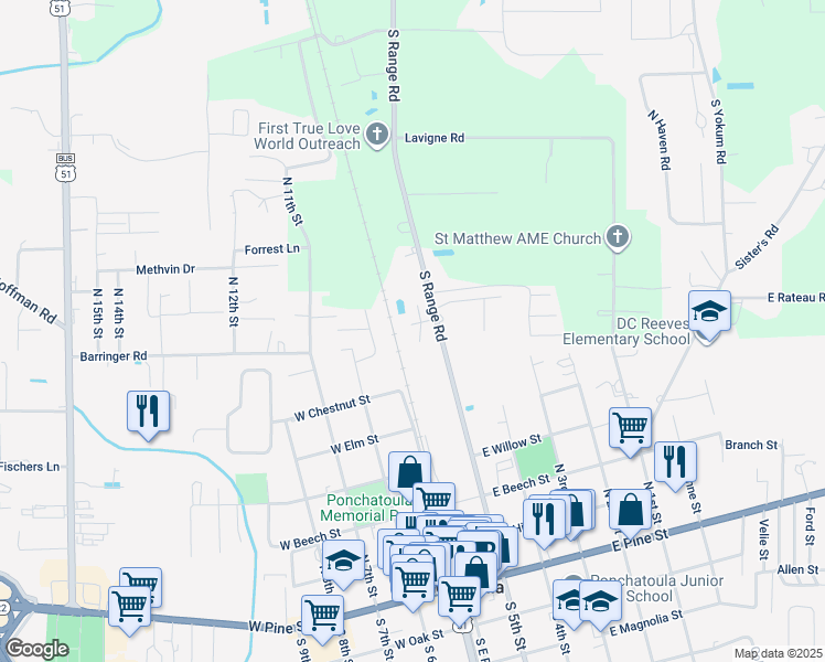 map of restaurants, bars, coffee shops, grocery stores, and more near 41037 South Range Road in Ponchatoula