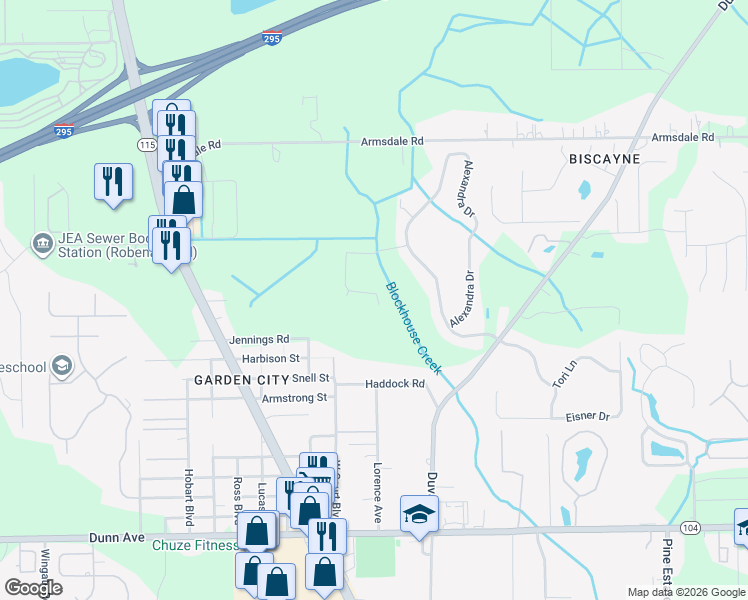 map of restaurants, bars, coffee shops, grocery stores, and more near 3055 Alpin Drive in Jacksonville