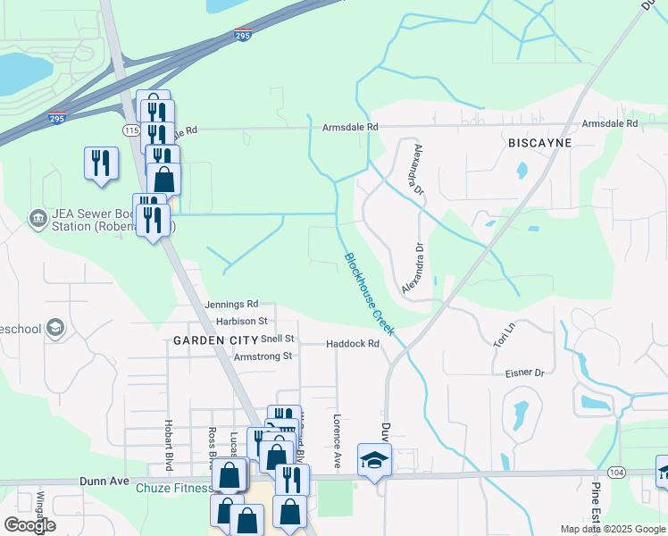 map of restaurants, bars, coffee shops, grocery stores, and more near 3055 Alpin Drive in Jacksonville