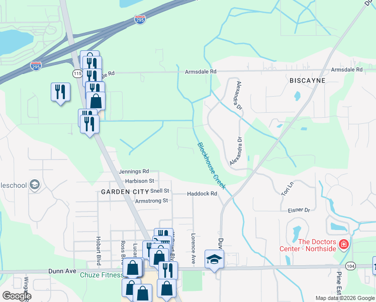 map of restaurants, bars, coffee shops, grocery stores, and more near 3055 Alpin Drive in Jacksonville