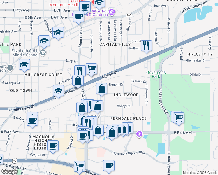 map of restaurants, bars, coffee shops, grocery stores, and more near 1502 Glenway Drive in Tallahassee