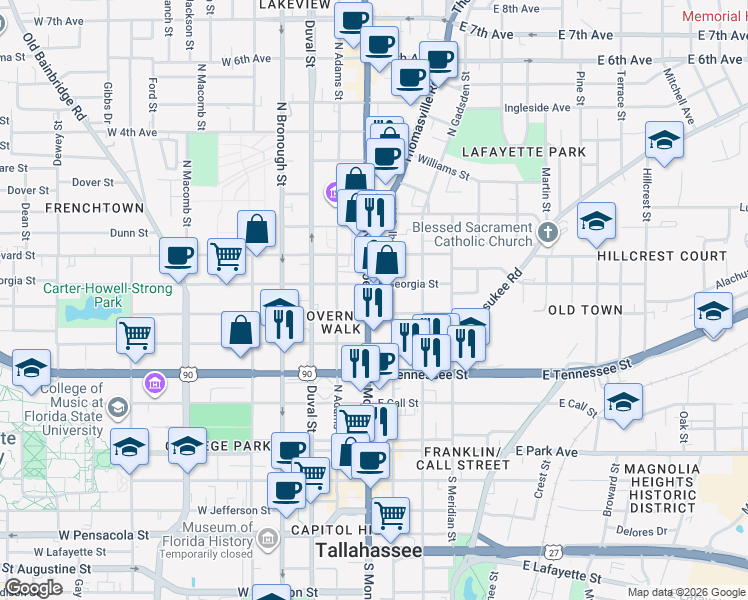 map of restaurants, bars, coffee shops, grocery stores, and more near 503 North Monroe Street in Tallahassee