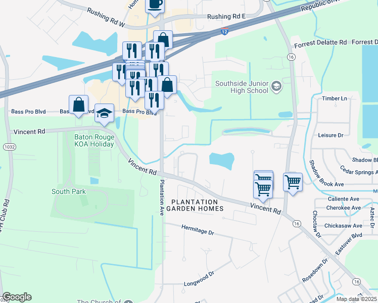 map of restaurants, bars, coffee shops, grocery stores, and more near 8079 Vincent Road in Denham Springs