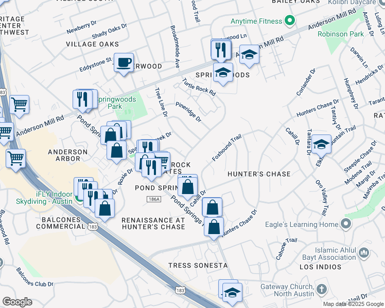 map of restaurants, bars, coffee shops, grocery stores, and more near 8701 Schick Road in Austin