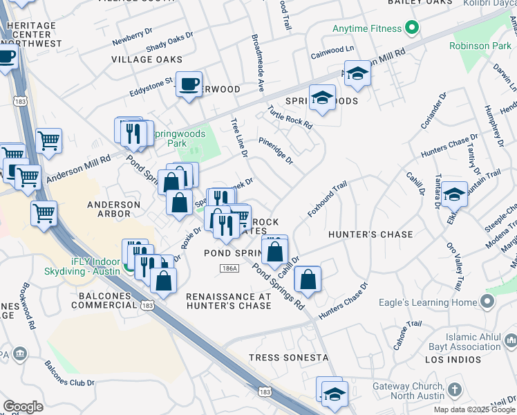 map of restaurants, bars, coffee shops, grocery stores, and more near 8710 Schick Road in Austin