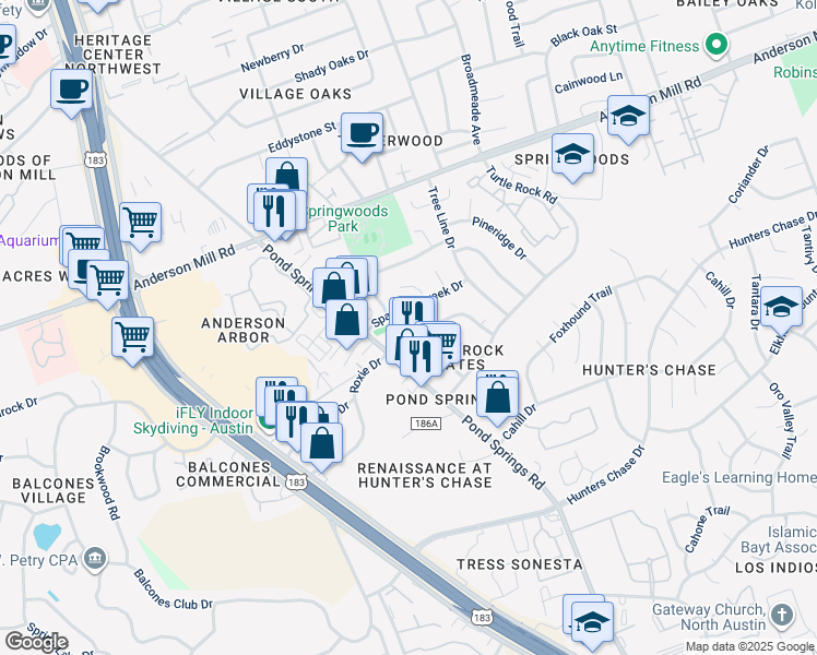 map of restaurants, bars, coffee shops, grocery stores, and more near 8907 Schick Road in Austin
