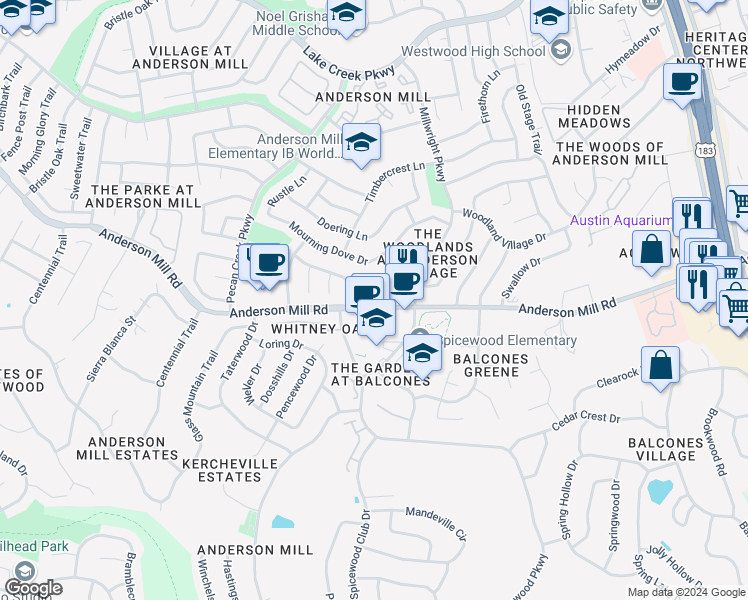 map of restaurants, bars, coffee shops, grocery stores, and more near 10403 Burmaster Lane in Austin