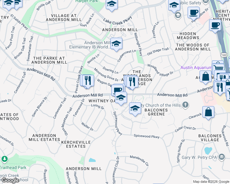 map of restaurants, bars, coffee shops, grocery stores, and more near 10403 Burmaster Lane in Austin