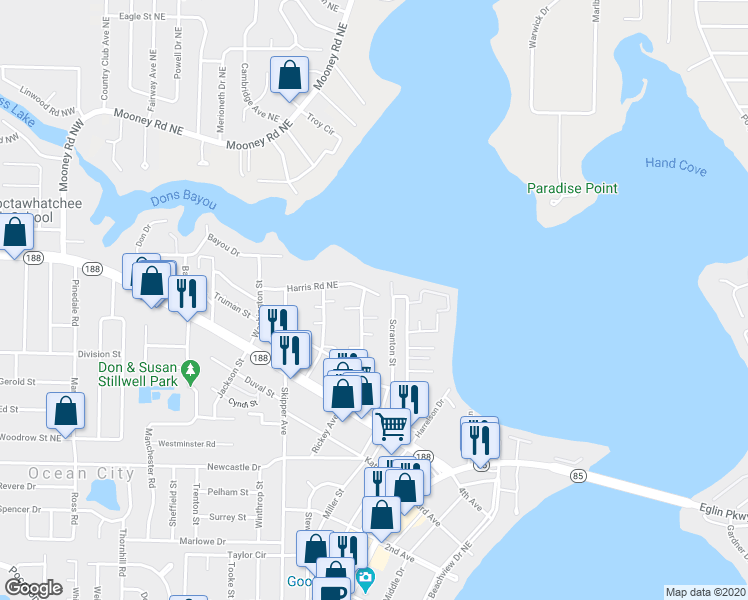 map of restaurants, bars, coffee shops, grocery stores, and more near 91 Harris Street in Mary Esther